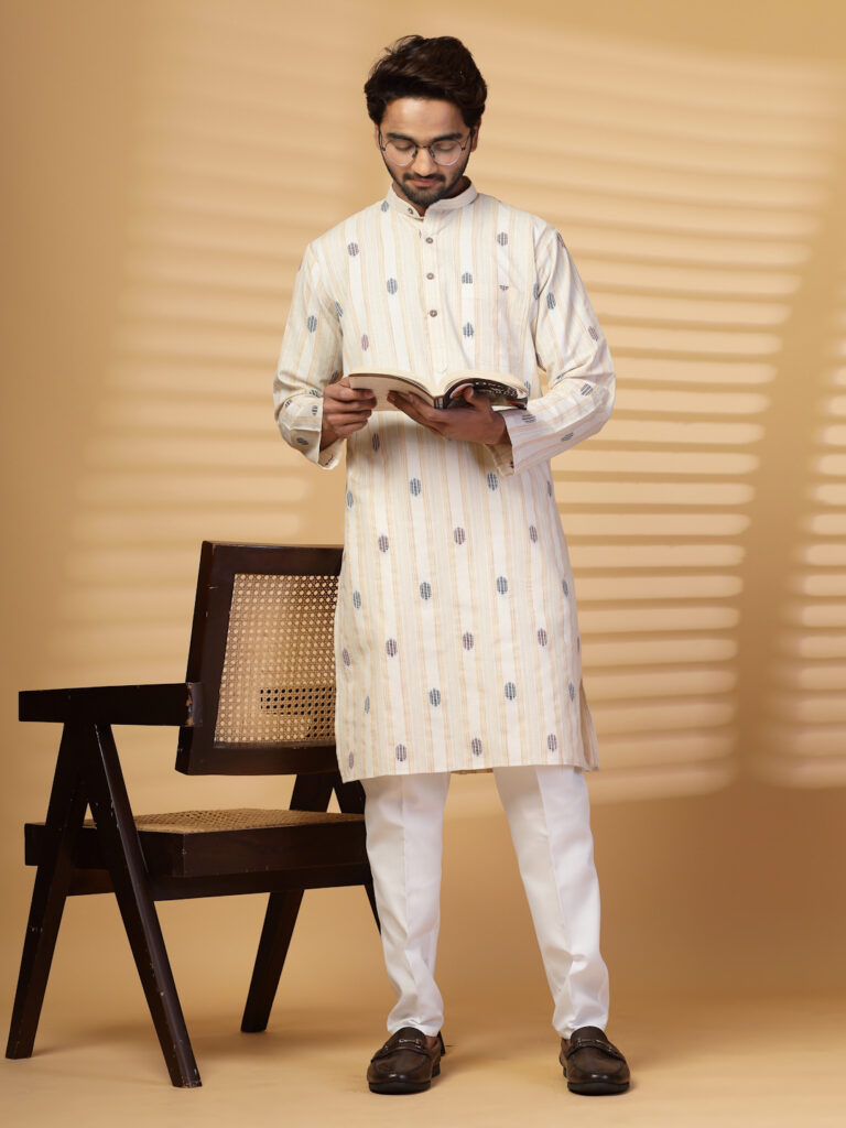 Traditional Men's South Cotton Kurta Pajama Set, L.Beige Kurta White Pajama Mandarin Collar, Full Sleeves